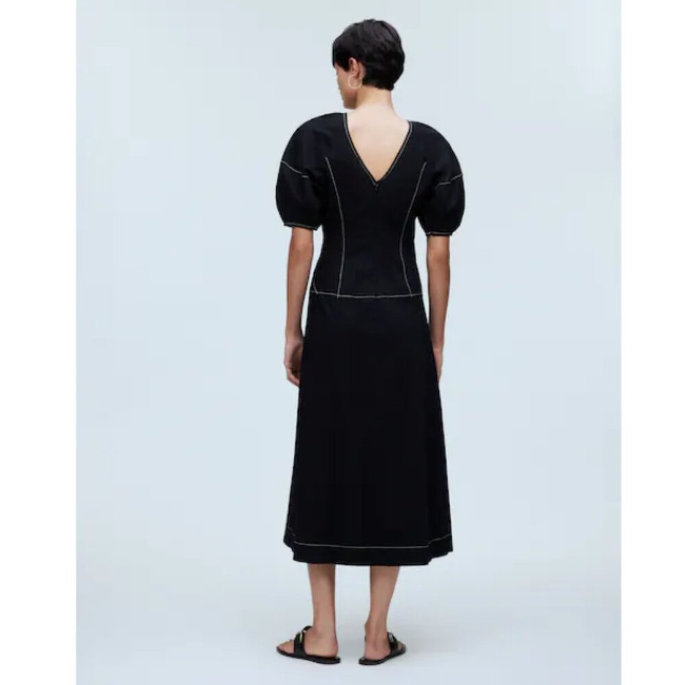 Madewell Black Puff-Sleeve Midi Dress with Contrast Stitching - Picture 4 of 9